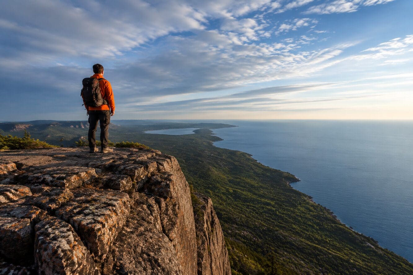Detailed () editorial image showing a hiker in orange jacket standing at the summit of the Sleeping Giant, looking out over