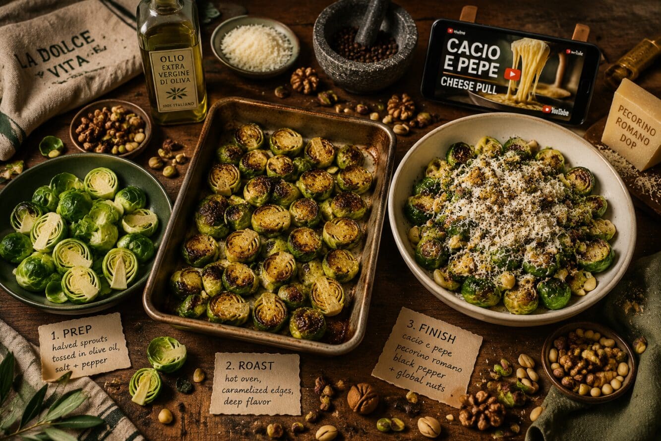 Detailed () editorial food photography showing a step-by-step flat-lay of cacio e pepe Brussels sprouts preparation: raw