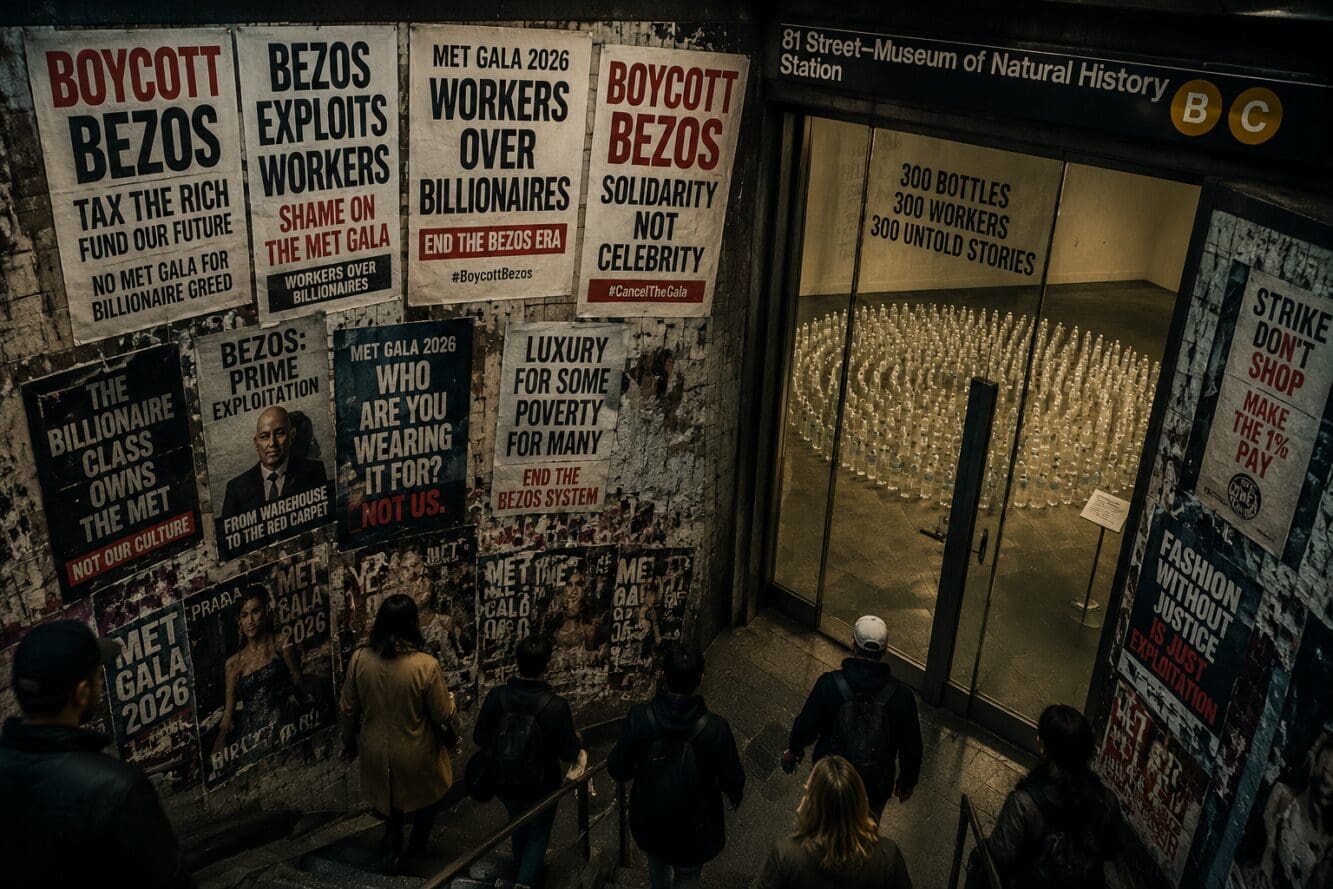 () editorial illustration showing a dramatic bird's-eye view of New York City subway station walls plastered with anti-Bezos
