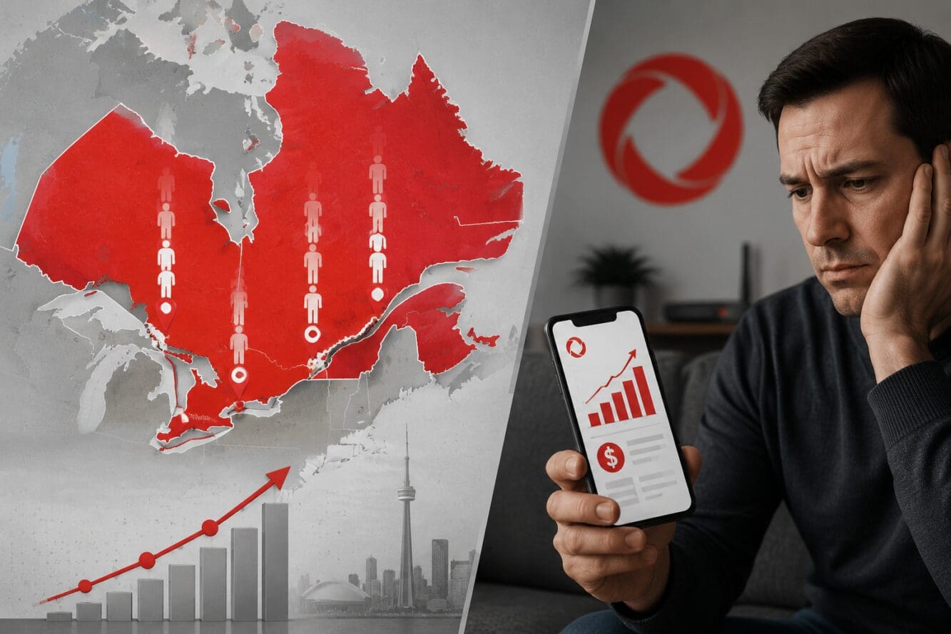 Detailed () editorial illustration showing a split-screen composition: left side depicts a map of Ontario and Quebec