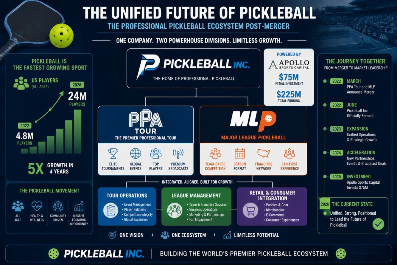 () detailed infographic showing unified professional pickleball league structure post-merger. Central visual features