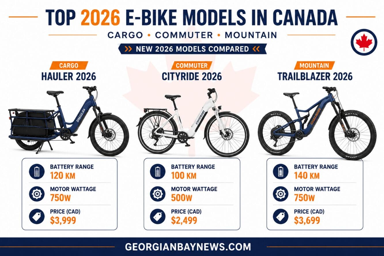Detailed () editorial infographic showing a side-by-side comparison of three new 2026 e-bike models available in Canada β