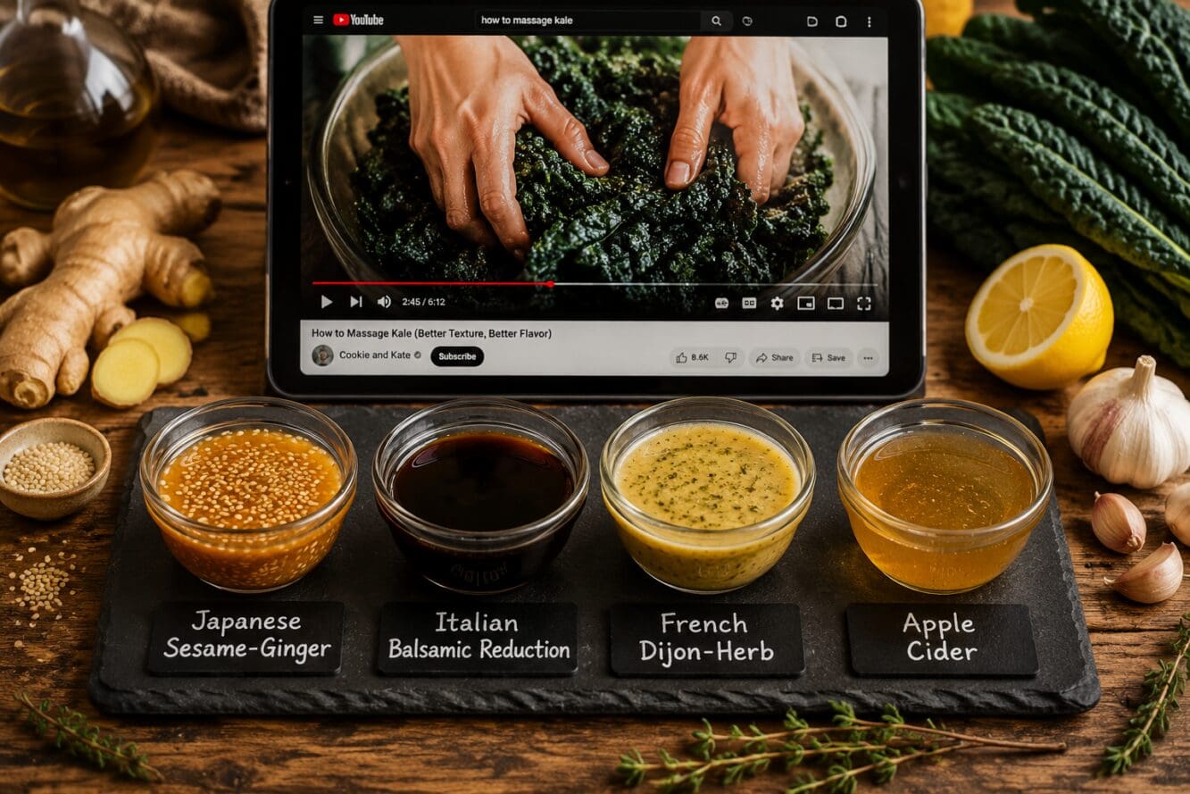 Detailed () editorial food photography image showing a side-by-side comparison of four global kale salad vinaigrettes in
