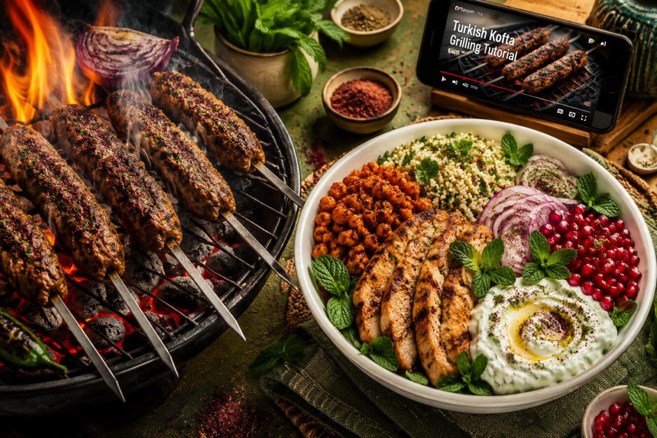 Detailed () editorial food photography showing a split-scene composition: on the left, a close-up of Turkish kofta skewers