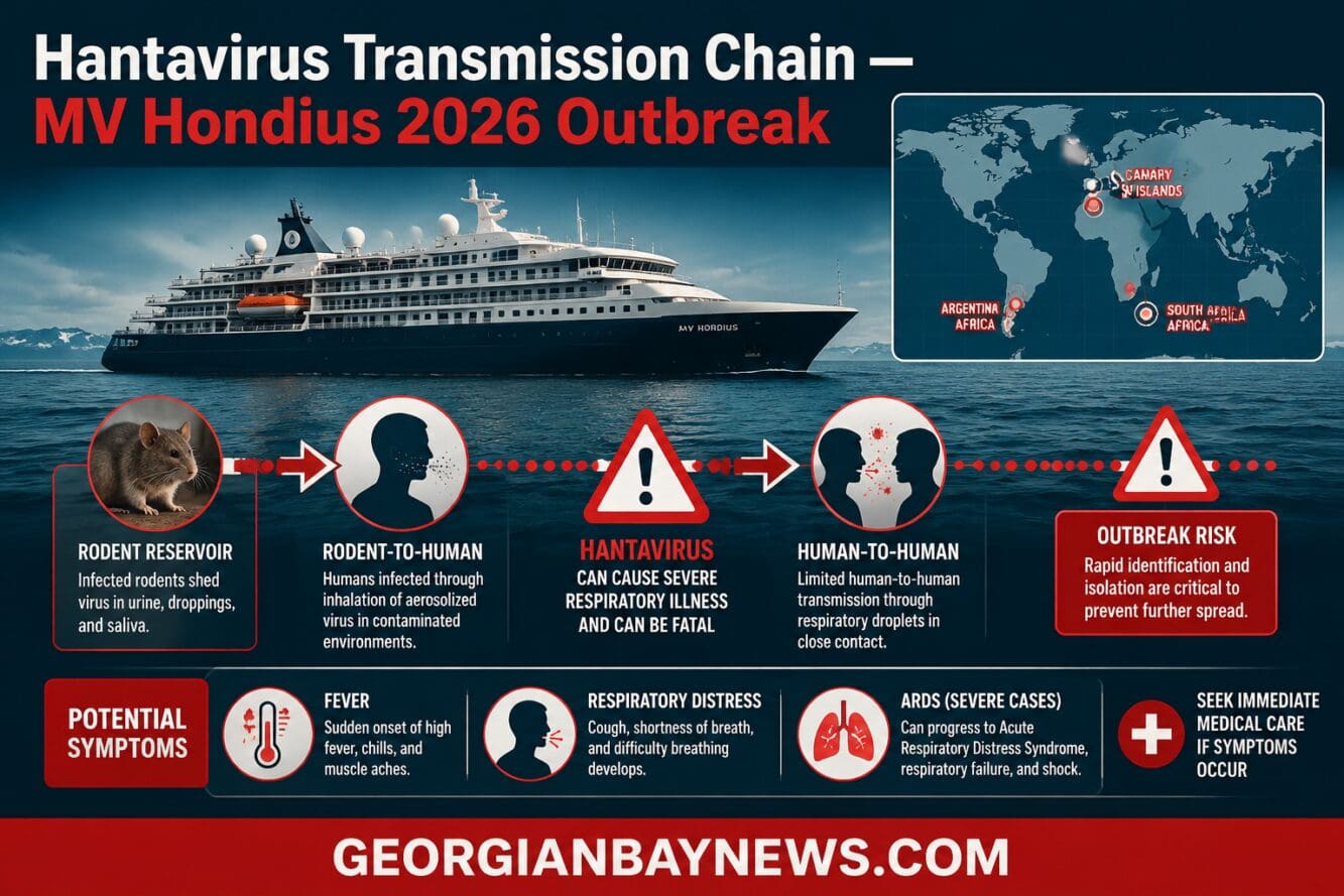 Detailed () editorial infographic illustration showing a cruise ship silhouette on open ocean with an overlaid transmission