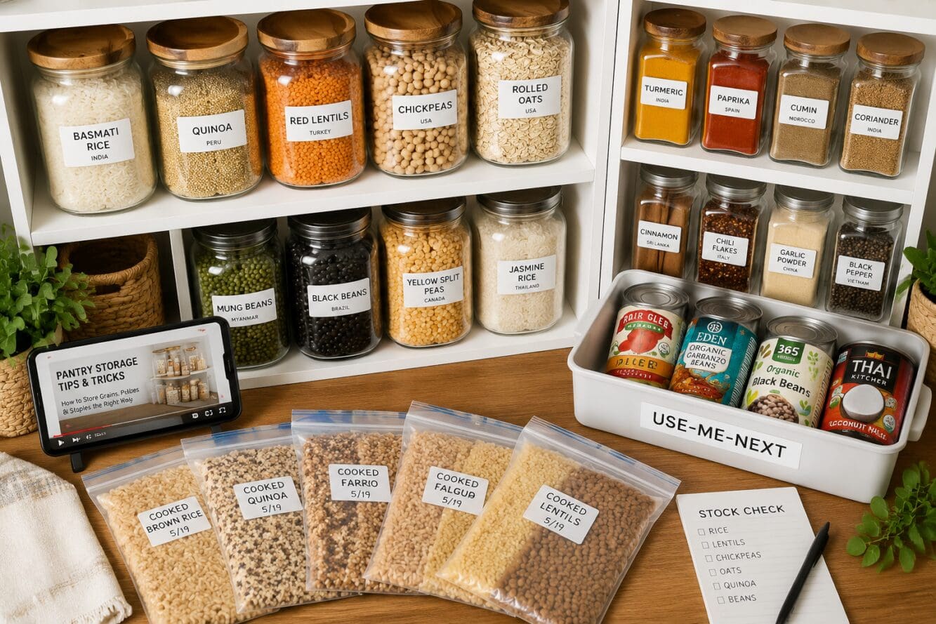 Detailed () editorial image showing a well-organized pantry shelf system with labeled glass jars of bulk international