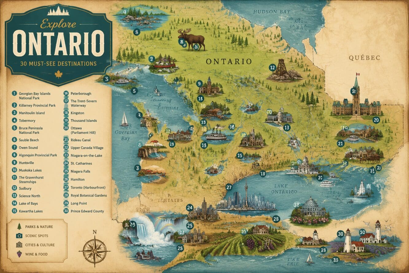 Detailed () editorial travel map illustration showing Ontario province with illustrated icons marking 30 must-see