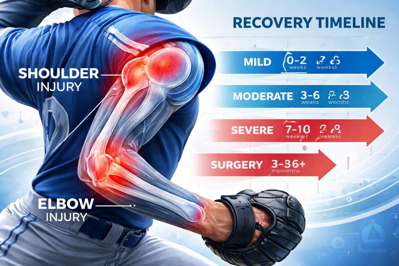 Pitcher arm injury zones and rehab timeline chart