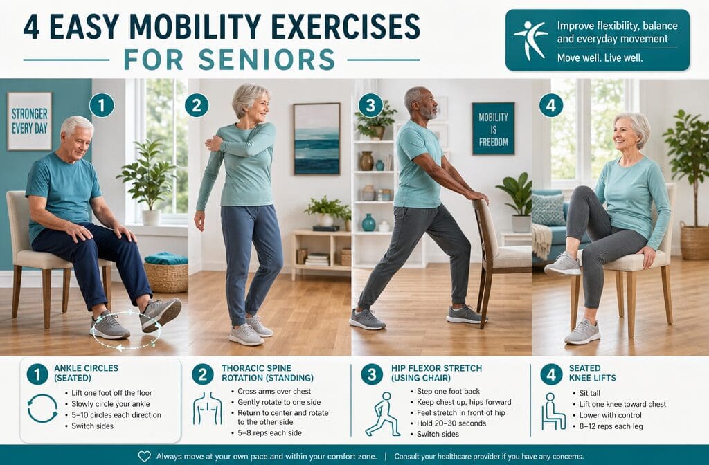 Wide-angle editorial photograph showing a sequence of four senior adults aged 65-80 performing equipment-free mobility