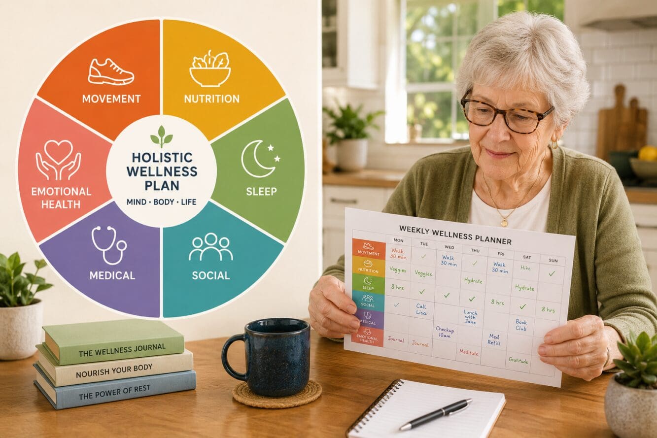 Detailed () editorial illustration showing a split-panel infographic: left side displays a circular wellness wheel divided