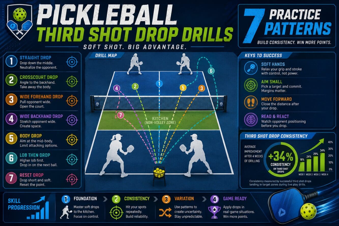 Editorial-style infographic landscape visual () showcasing a dynamic overview of Pickleball Third Shot Drop Drills,