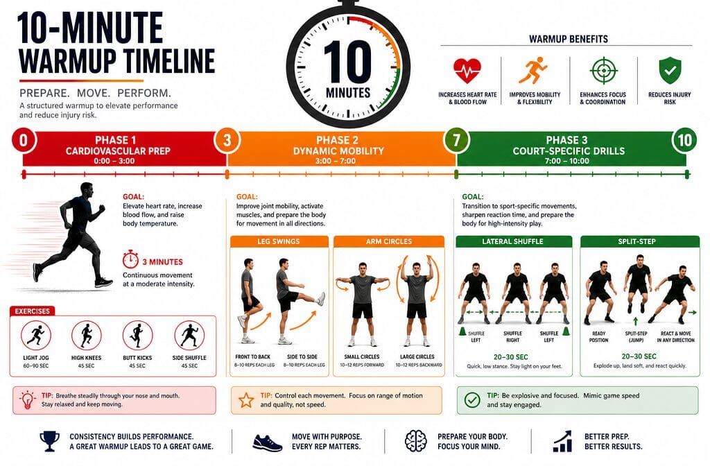 () detailed infographic showing 10-minute warmup timeline with clock graphic at top, divided into three color-coded phases: