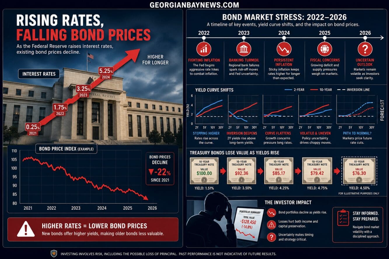 Detailed () infographic-style illustration showing a split comparison panel: left side displays a rising interest rate arrow