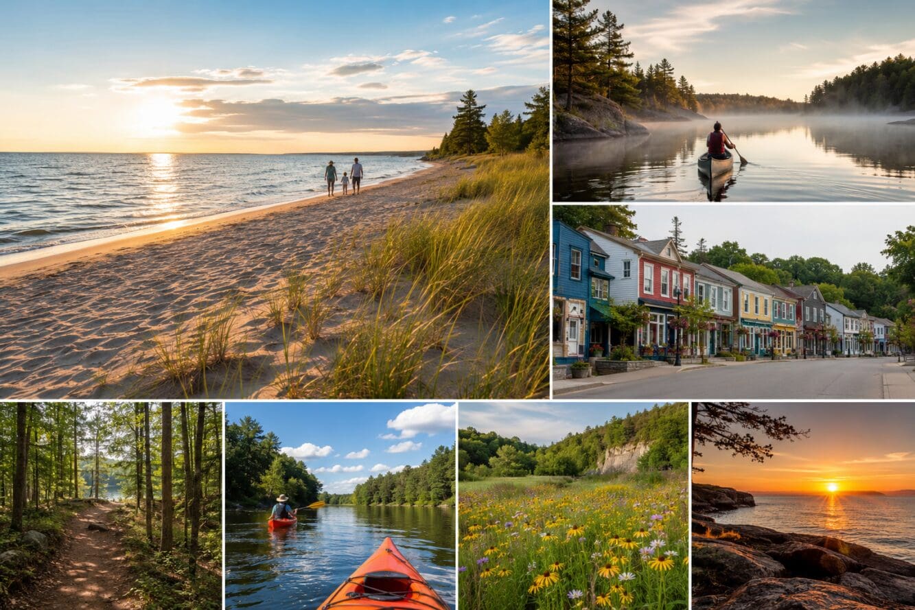 Detailed () editorial photo collage showing seven distinct Ontario summer destinations: a quiet sandy beach on Lake Huron