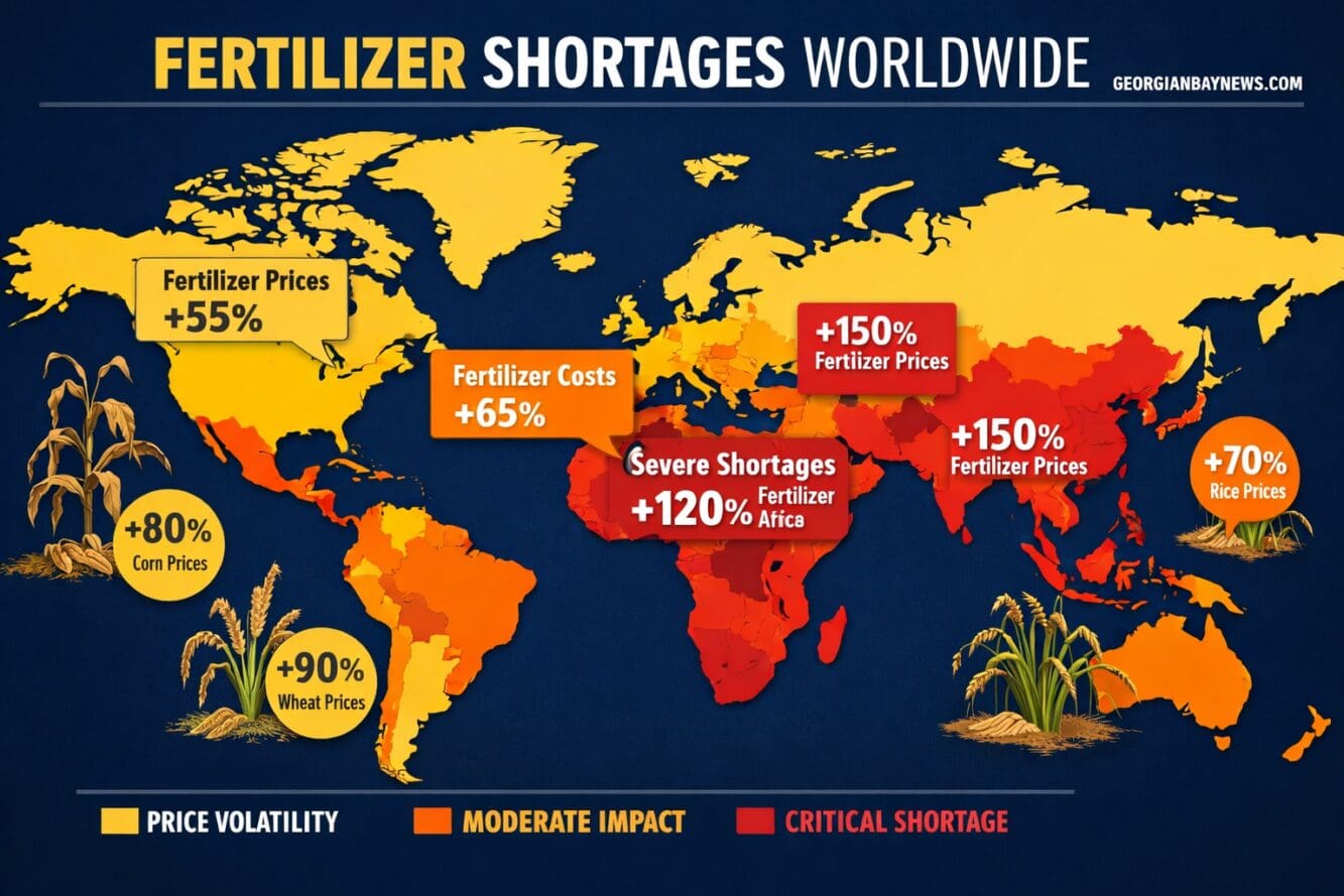 Detailed () editorial infographic-style illustration showing a world map with color-coded hotspots indicating fertilizer