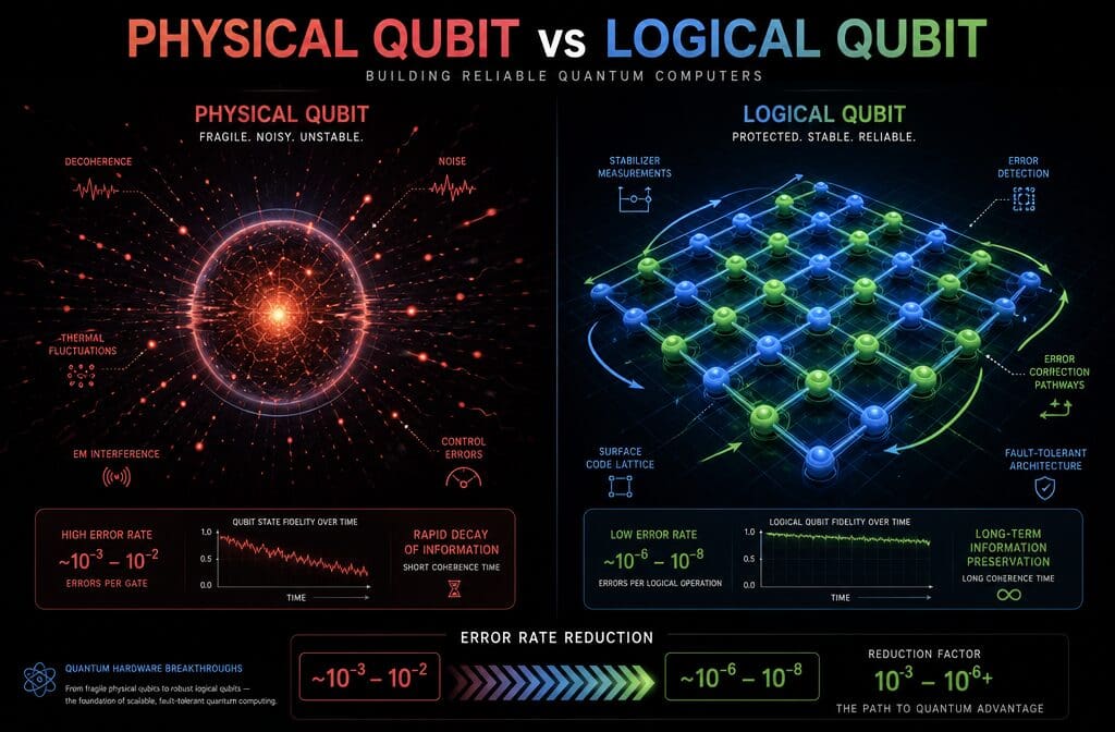 Detailed () split-panel infographic illustration showing on the left side a fragile physical qubit represented as a glowing