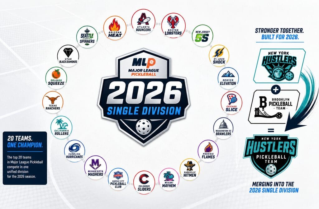 () editorial infographic showing 20 team logos arranged in circular formation around central '2026 Single Division' badge,