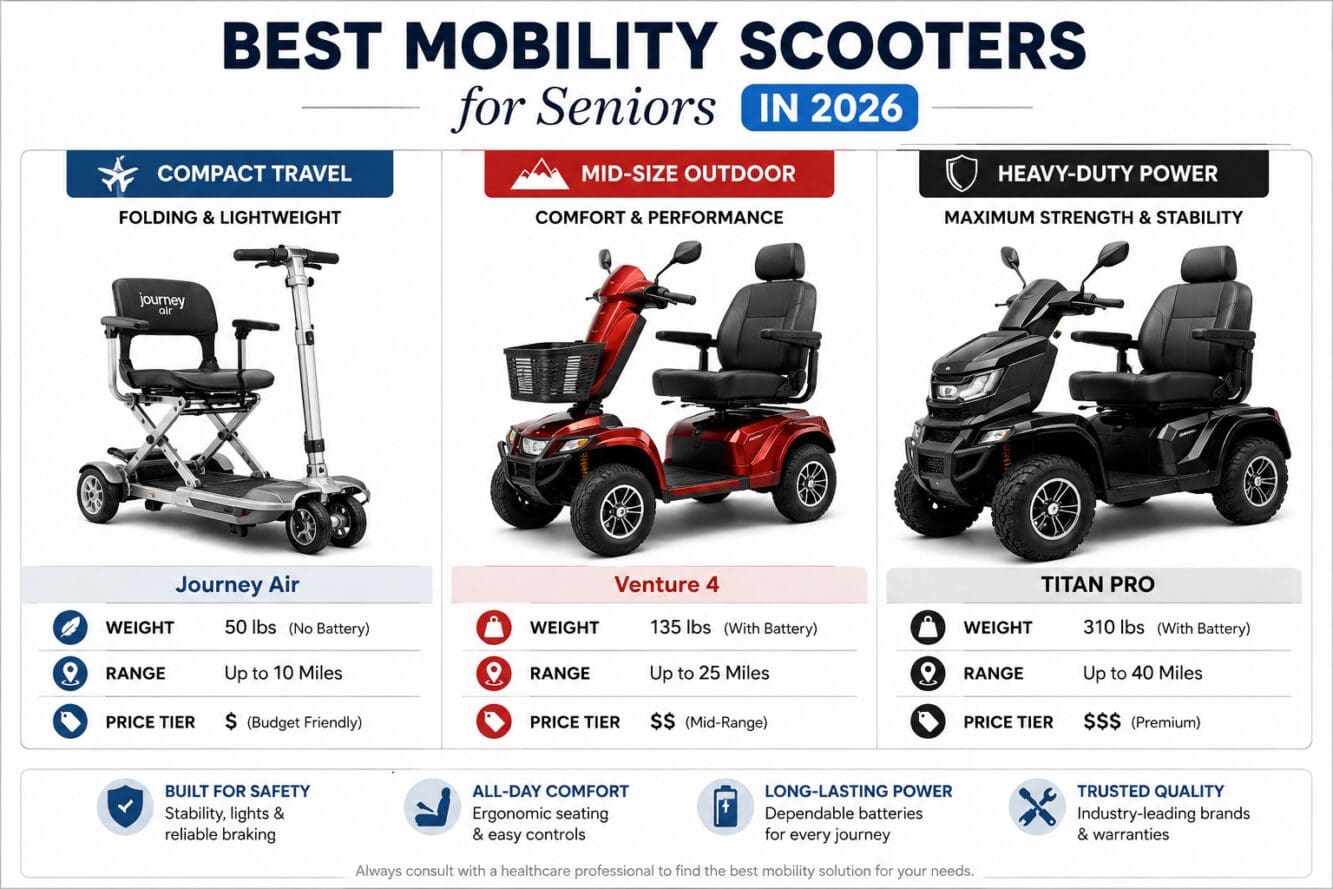 Detailed () comparison infographic-style editorial image showing three mobility scooters side by side: a compact folding