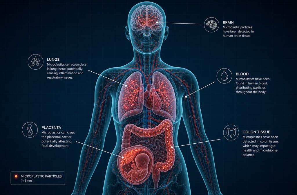 Detailed () scientific infographic illustration showing a transparent human body outline with glowing colored dots