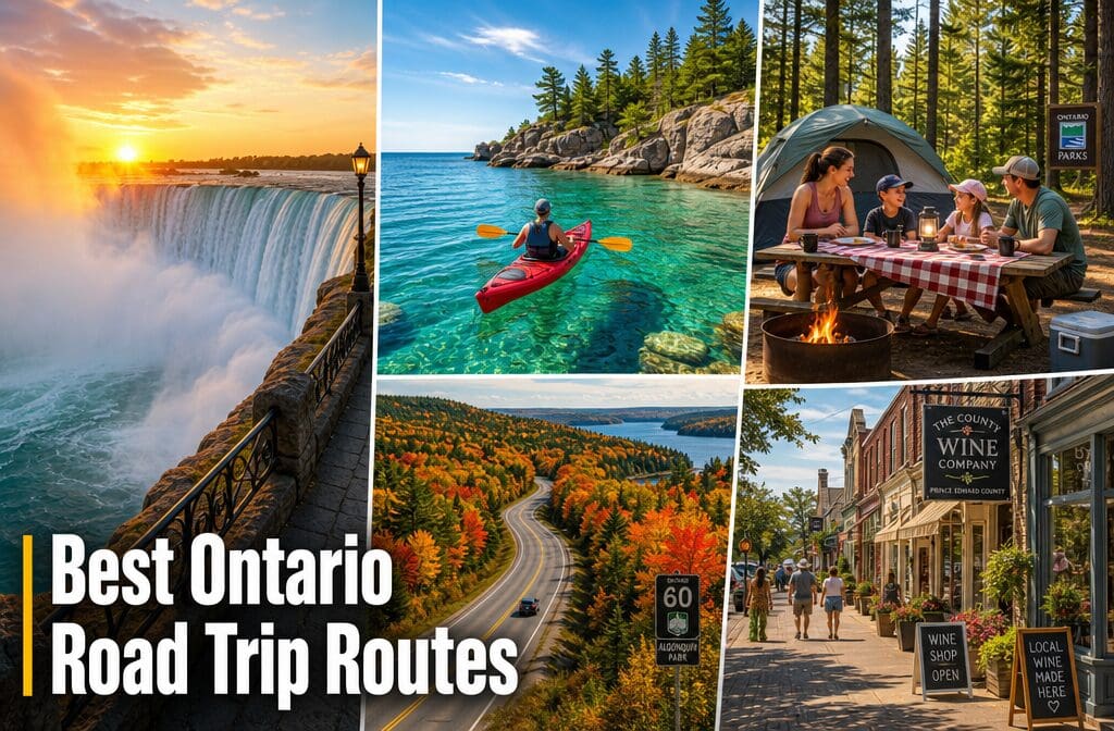 Detailed () editorial collage showing five distinct Ontario road trip scenes arranged in a dynamic grid: Niagara Falls mist