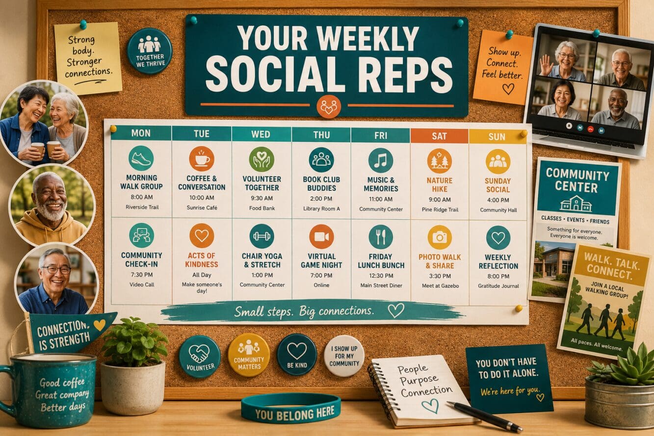 () editorial illustration showing a weekly social fitness calendar pinned to a corkboard, surrounded by icons representing