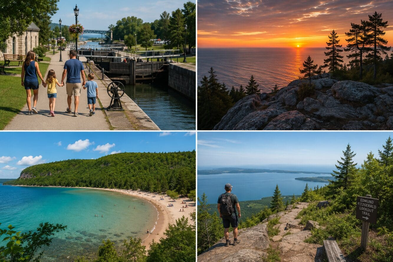 Detailed () editorial photo collage showing four distinct Sault Ste. Marie Ontario experiences: top-left shows a family