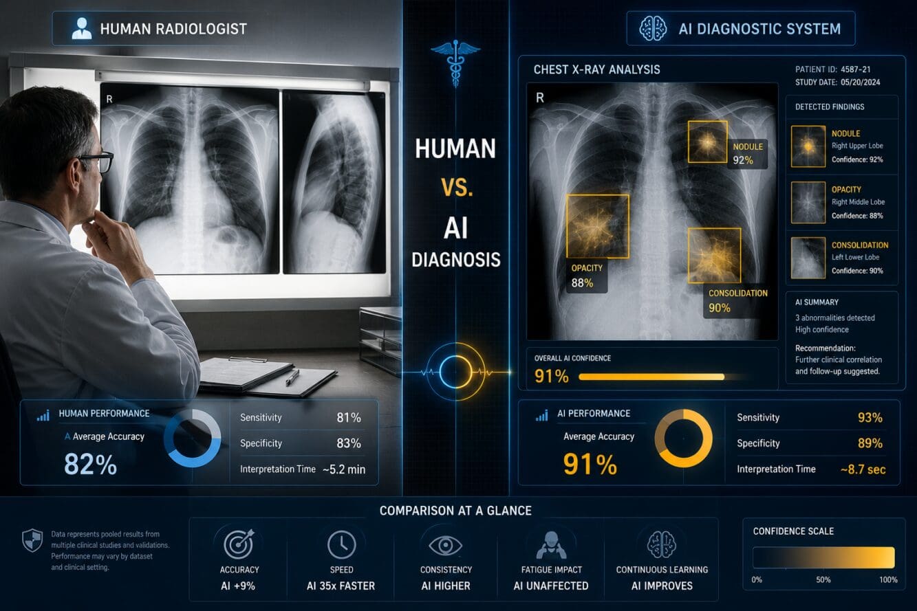Detailed () editorial infographic-style illustration showing a split-screen composition: left side depicts a radiologist