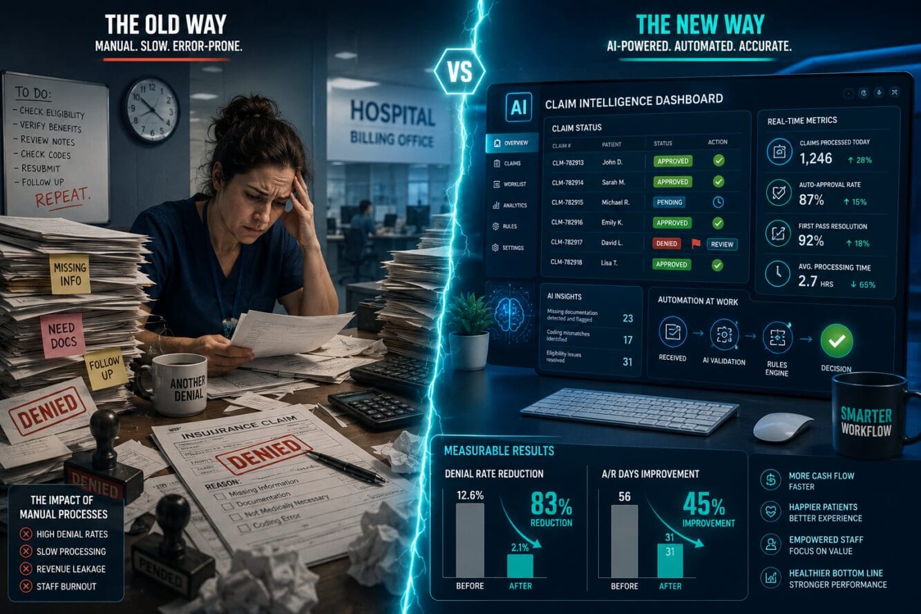 Wide-angle () editorial illustration showing a split-screen concept: left side depicts a cluttered desk with paper insurance