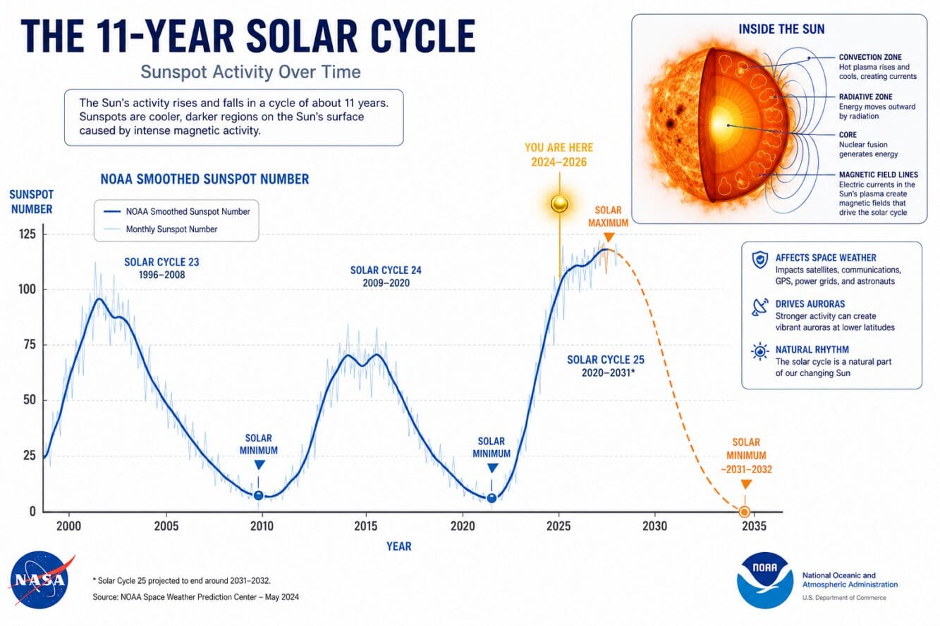 Detailed () scientific infographic illustration showing the 11-year solar cycle as a curved timeline graph with sunspot
