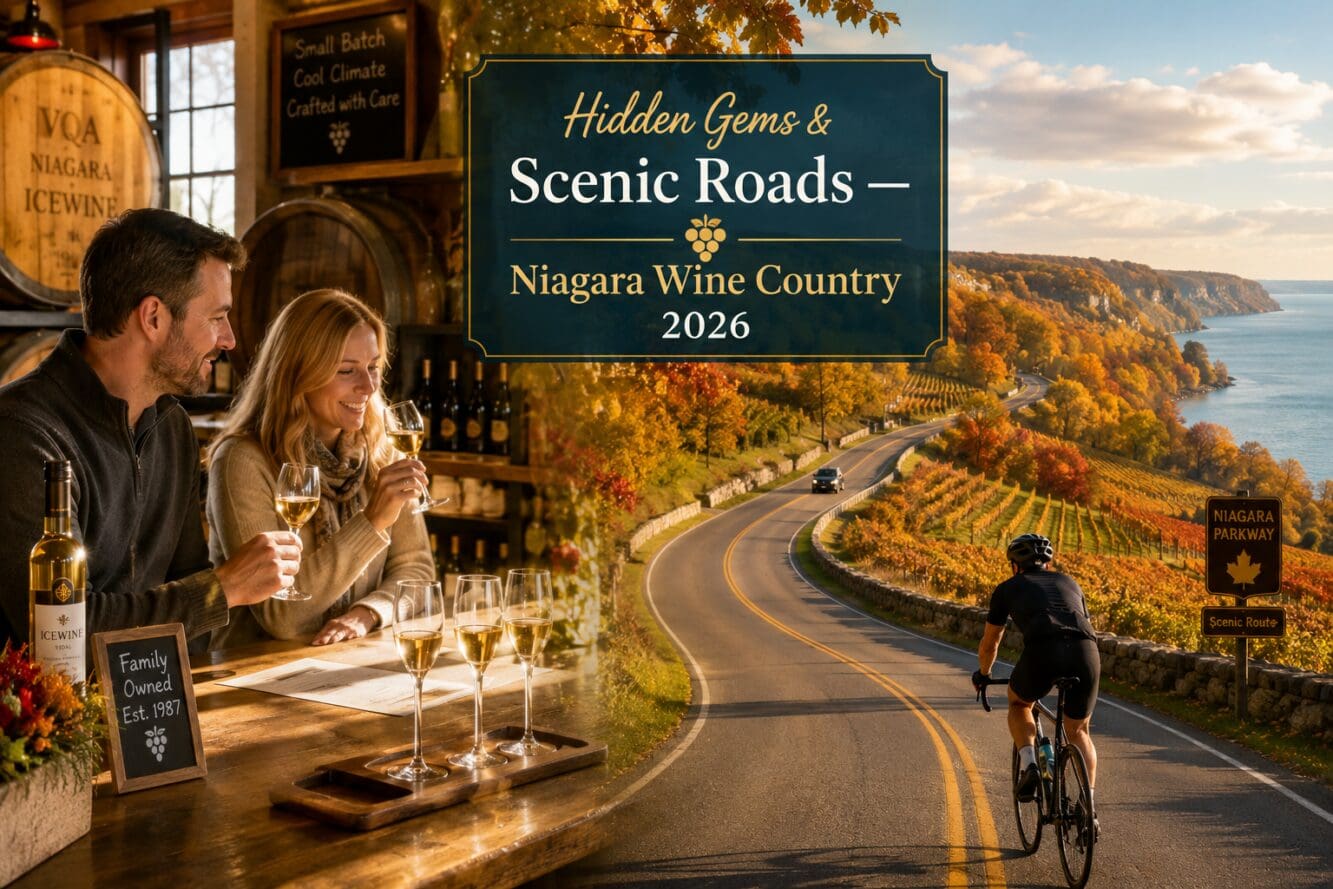 Detailed () editorial image showing a split-scene composition: on the left, a quiet family-owned Niagara winery tasting room