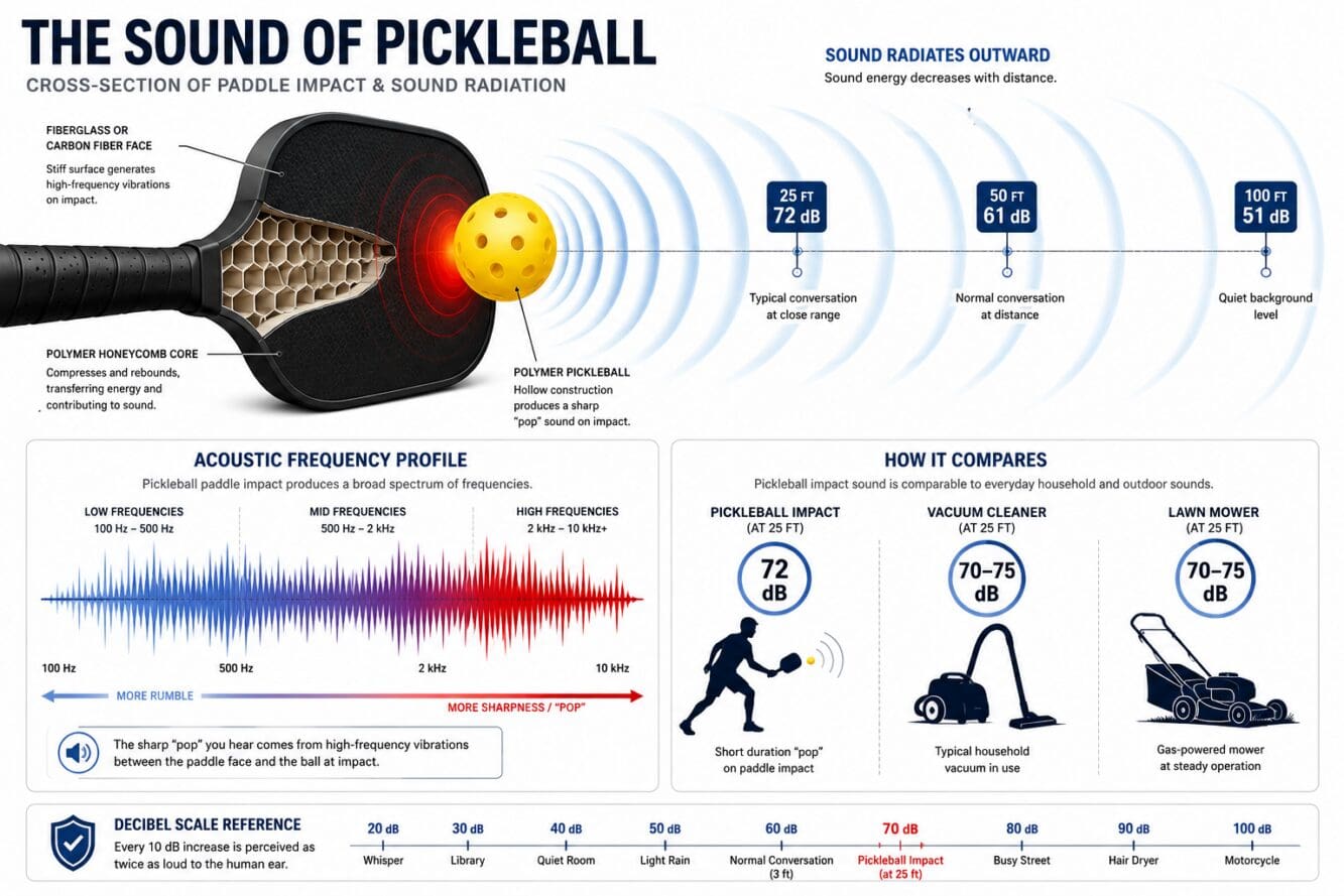 () technical diagram showing cross-section of pickleball paddle striking polymer ball with sound wave radiating patterns,