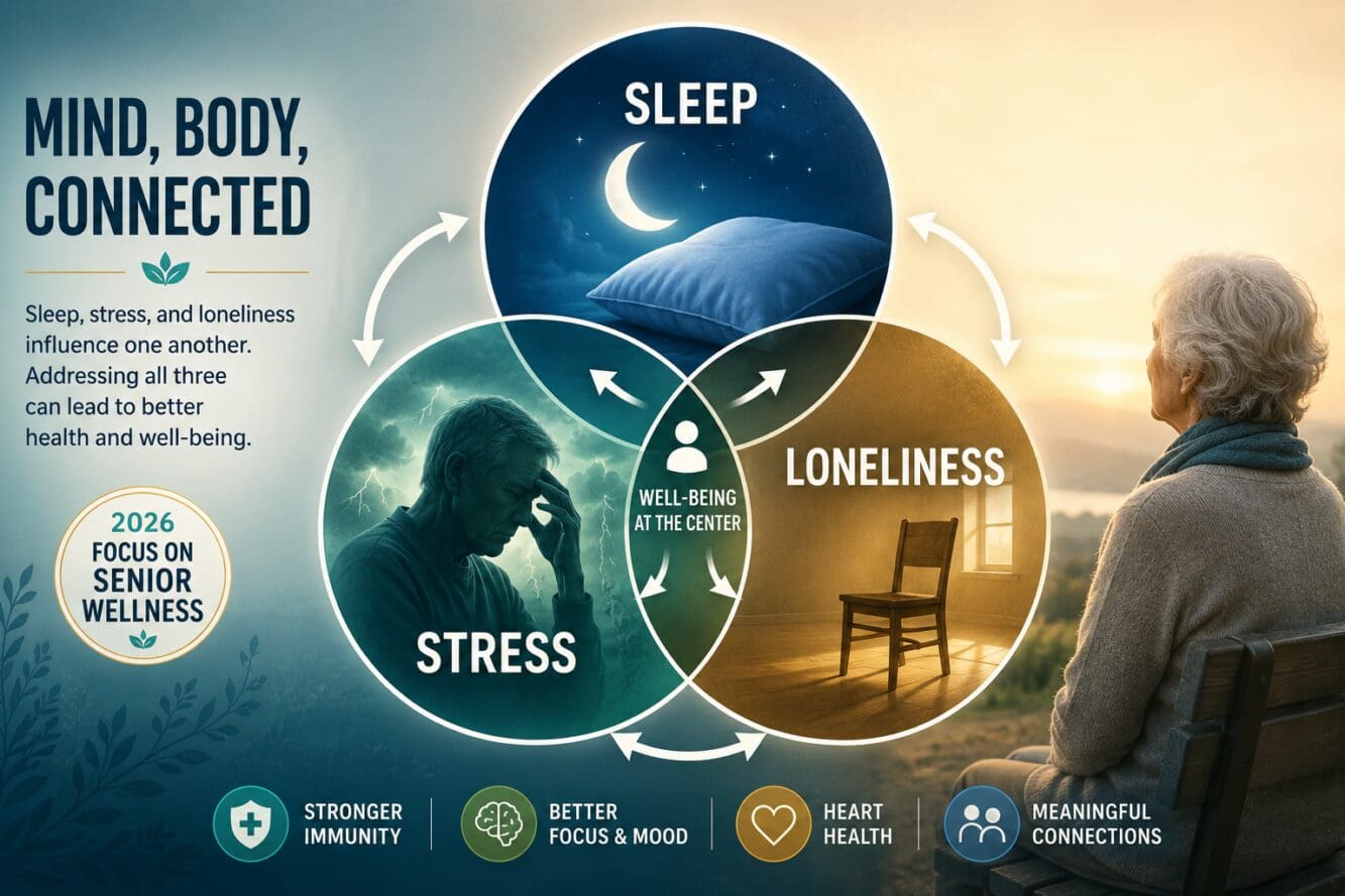 Detailed () editorial illustration showing three interconnected circles labeled SLEEP, STRESS, and LONELINESS forming a Venn