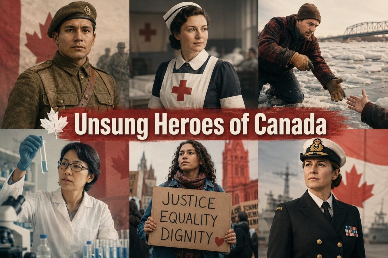 () editorial illustration showing a mosaic of six distinct Canadian figures from different eras and backgrounds — an