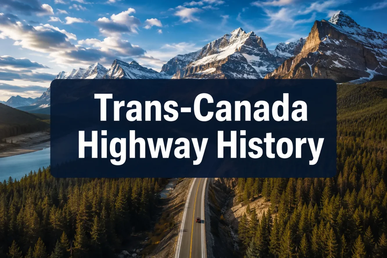 Professional () hero image with 'Trans-Canada Highway History' in crisp white on a deep navy semi-transparent panel,