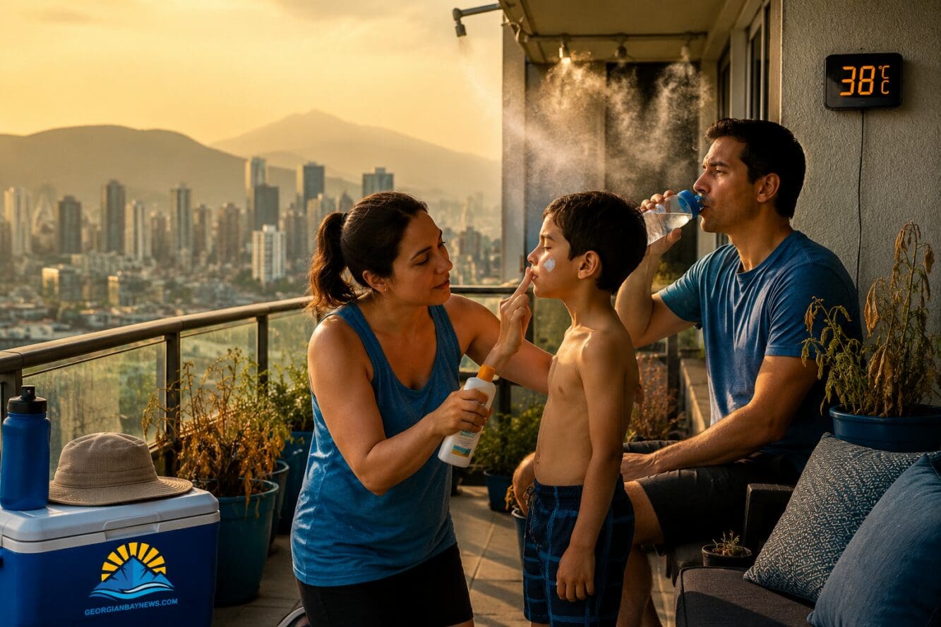 () documentary-style photograph showing a Canadian family in Vancouver applying sunscreen and drinking water on a sweltering