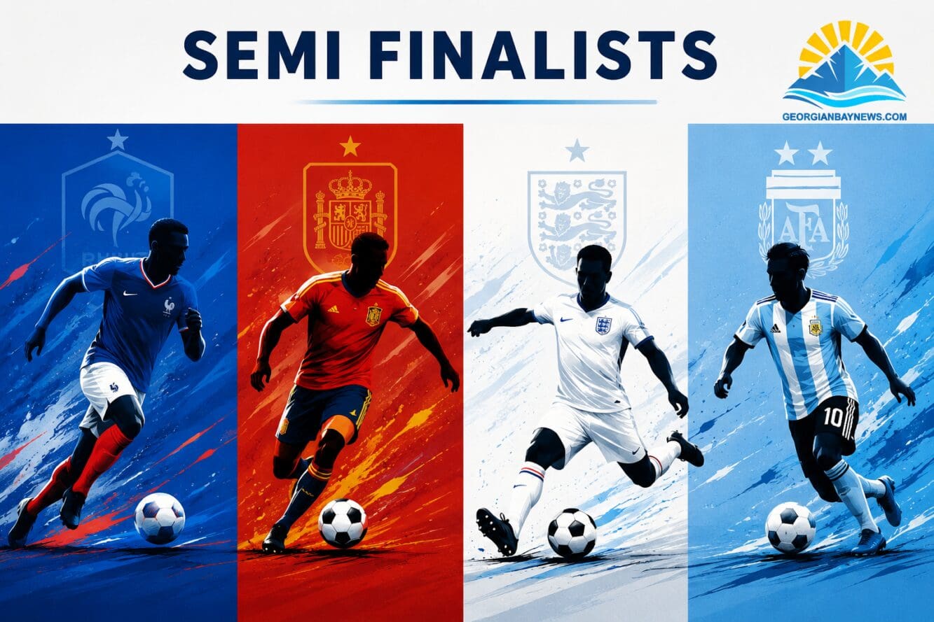 Editorial () split-screen composition with four vertical panels, each representing a semifinal team. Left panel: French blue