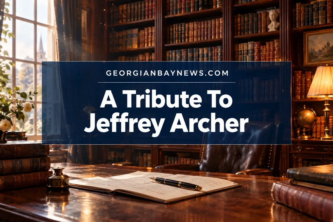 Professional () hero image with 'A Tribute To Jeffrey Archer' in crisp white on a deep navy semi-transparent panel, centered