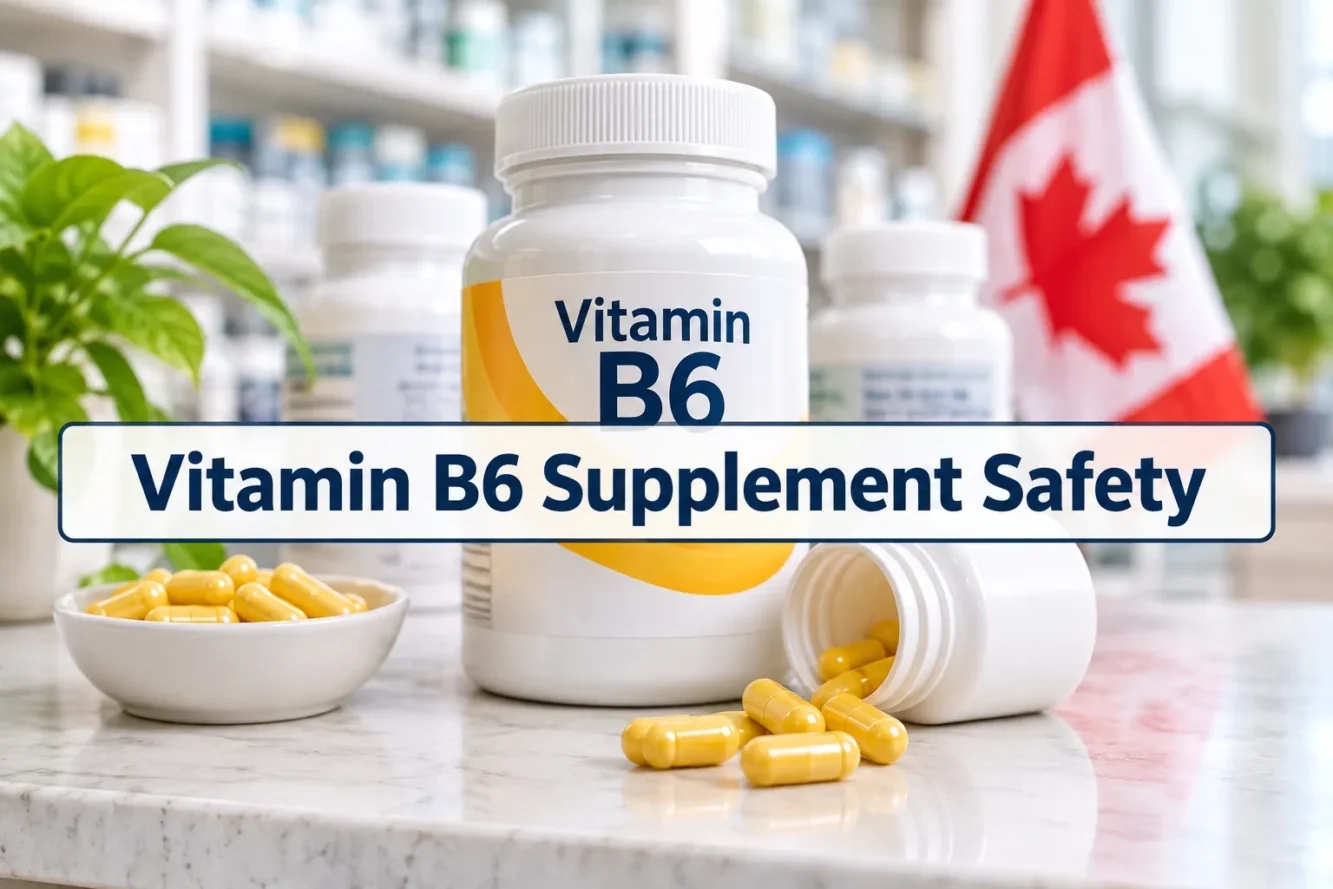 Professional () hero image with SHORT (≤42 chars): 'Vitamin B6 Supplement Safety', navy on a clean light panel, centered